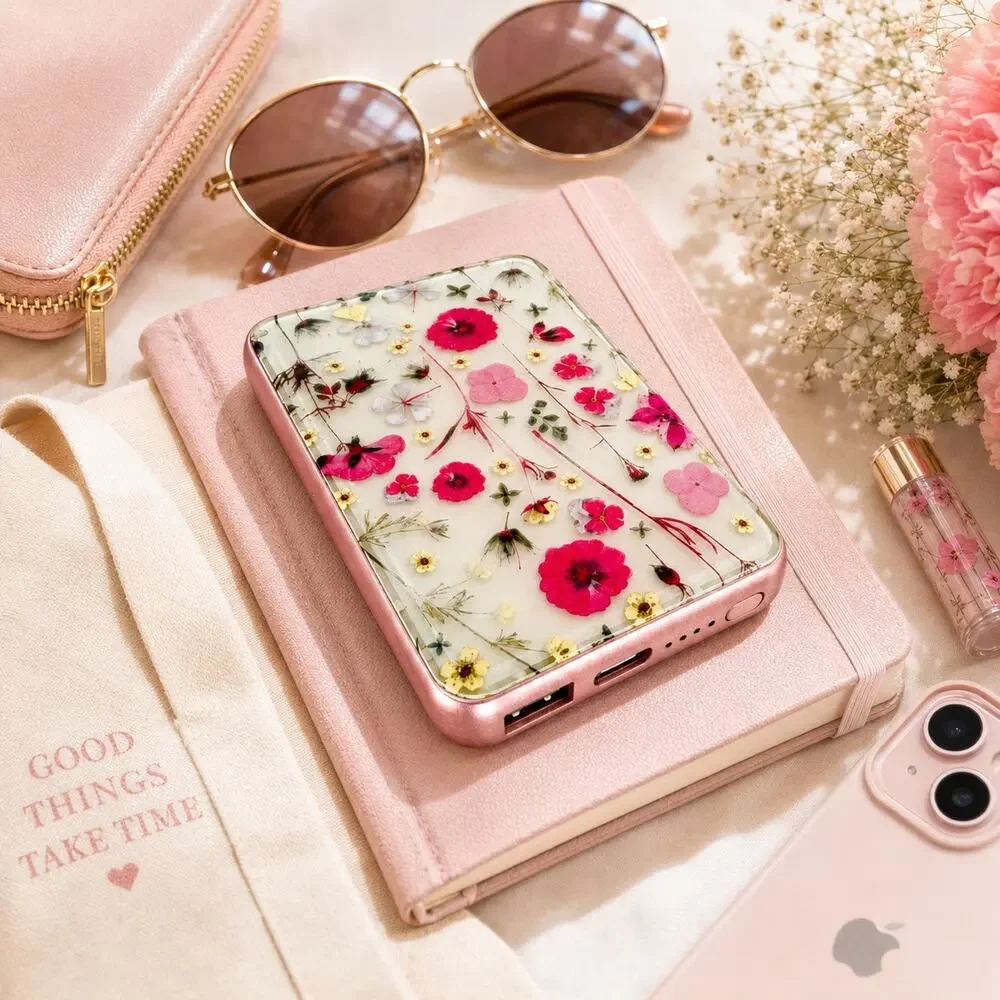 Heyday 5000mAh Floral Power Bank USB-C Portable Charger Pink Pressed Flower